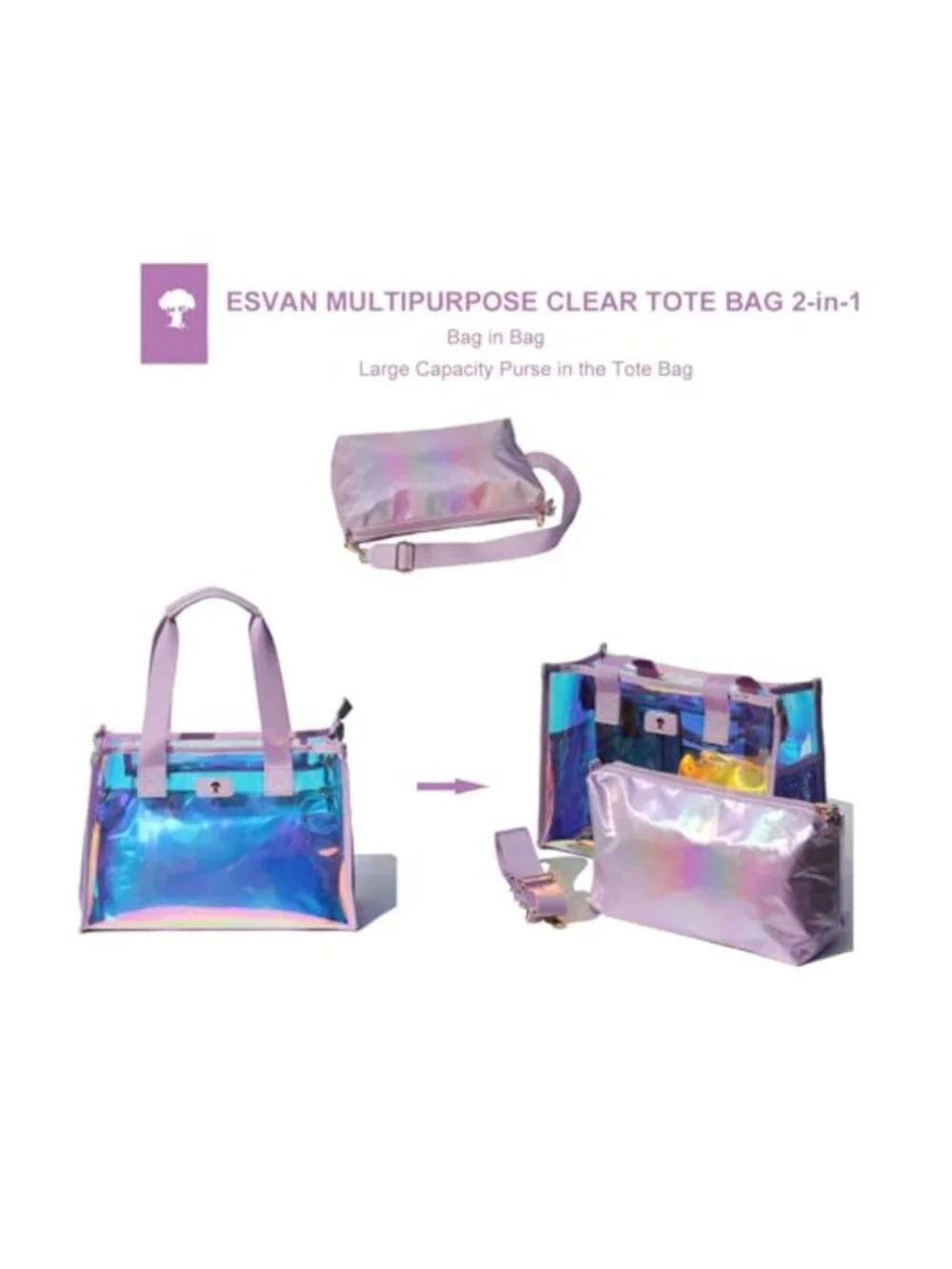 Clear Iridescent Tote Bag Stadium Approved with Pouch
